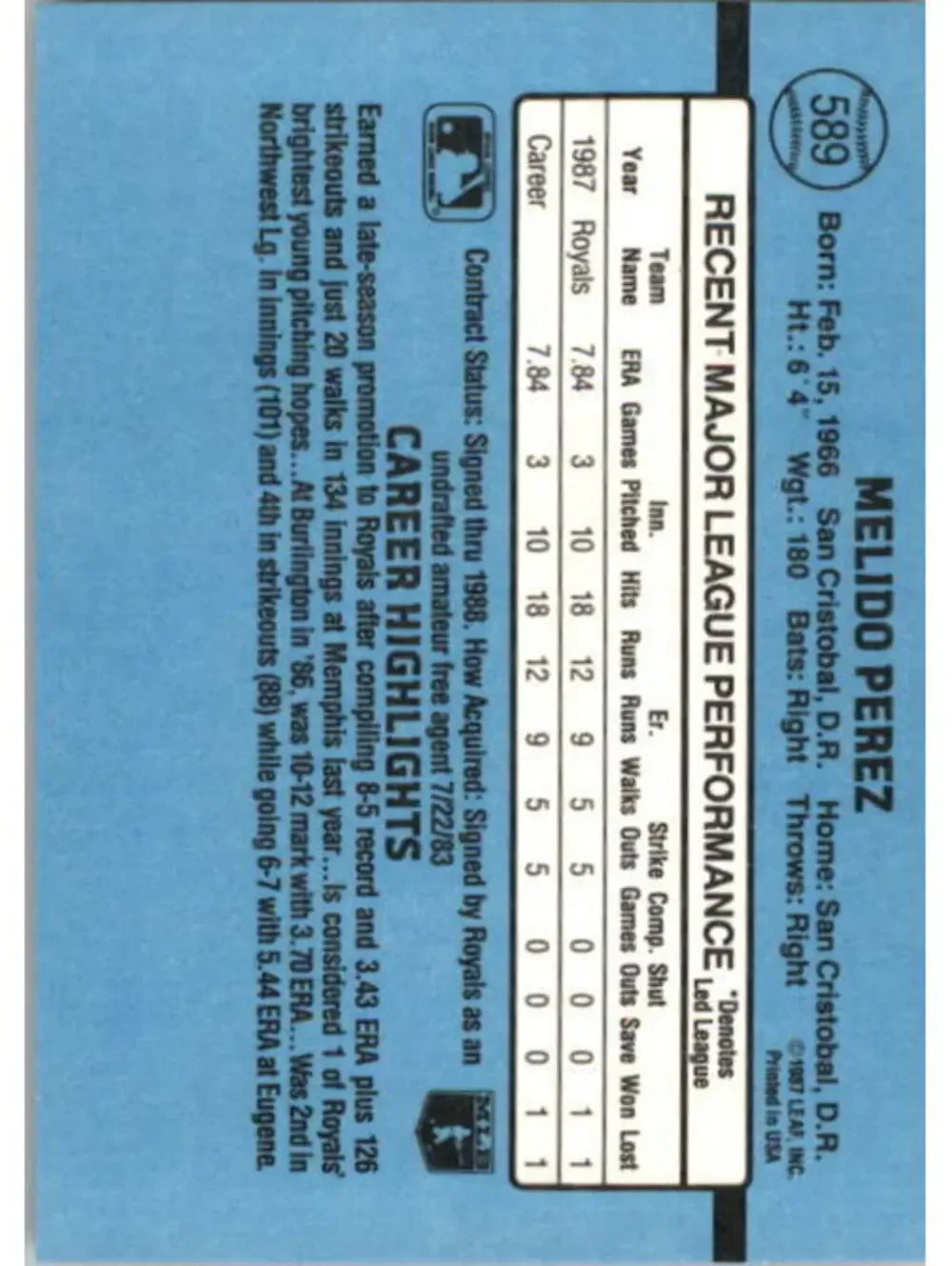 1988 Melido Perez Donruss Baseball Card #589